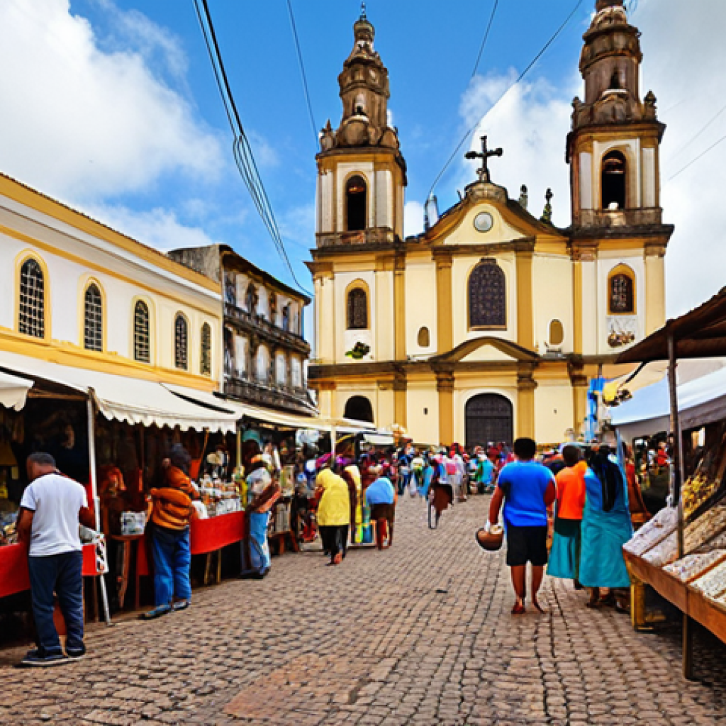 A vibrant marketplace in a Brazilian town, filled with stalls selling religious icons, candles, and crystals. Pilgrims are browsing the goods, and the air is filled with the scent of incense. In the background, a majestic church is visible, symbolizing the blend of faith and local commerce.