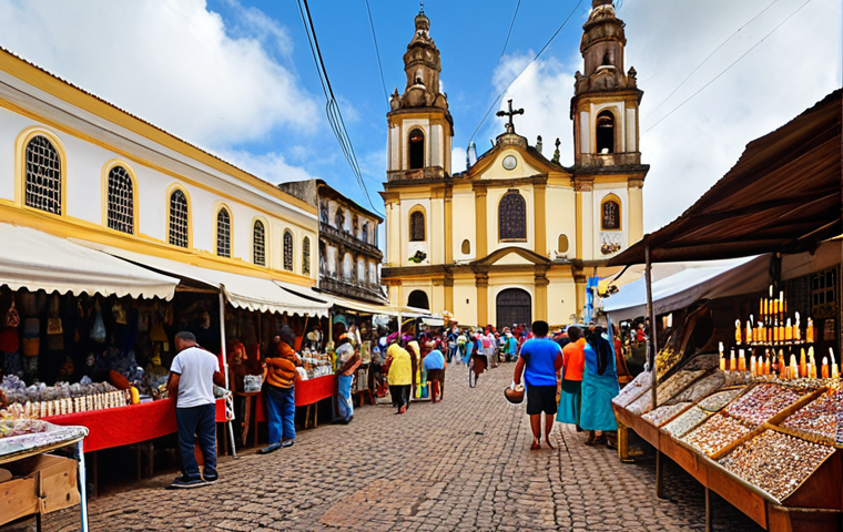 A vibrant marketplace in a Brazilian town, filled with stalls selling religious icons, candles, and crystals. Pilgrims are browsing the goods, and the air is filled with the scent of incense. In the background, a majestic church is visible, symbolizing the blend of faith and local commerce.