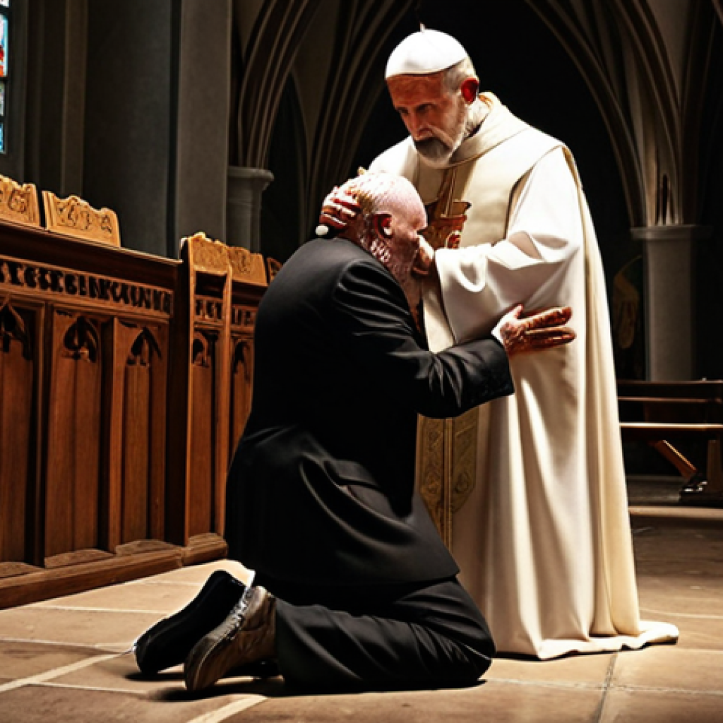 **

"A distraught person kneeling before a charismatic religious leader in a dimly lit church. The leader is extending a hand, seemingly offering comfort, but there's a subtle hint of greed in his eyes. Emphasize the contrast between faith and manipulation."

**