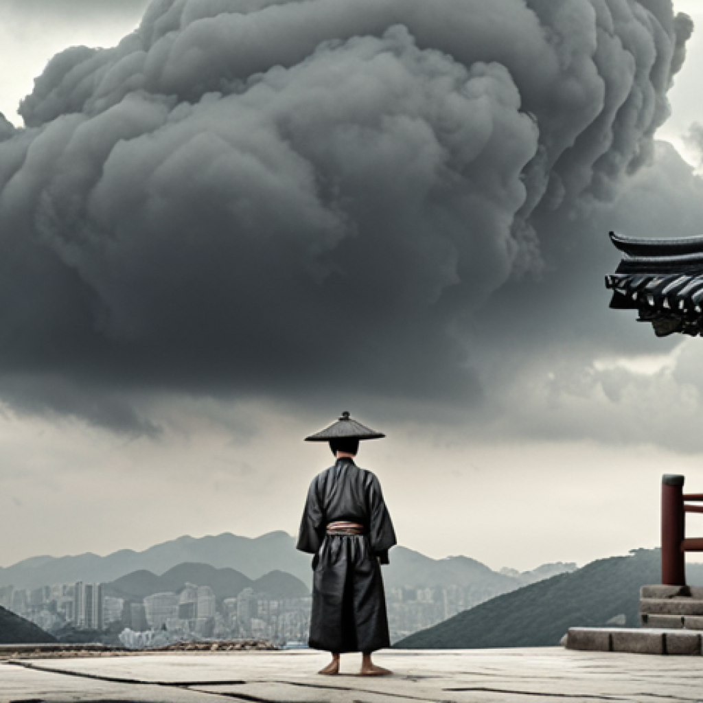 A person stands beneath a heavy, grey cloud, their posture conveying a sense of being weighed down by an unseen burden. The scene is desaturated and evokes a feeling of prolonged misfortune and uncertainty, with subtle hints of traditional Korean architecture or natural elements in the background, symbolizing the cultural context of a 'Samjae' period.