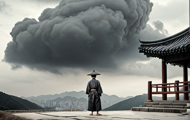 A person stands beneath a heavy, grey cloud, their posture conveying a sense of being weighed down by an unseen burden. The scene is desaturated and evokes a feeling of prolonged misfortune and uncertainty, with subtle hints of traditional Korean architecture or natural elements in the background, symbolizing the cultural context of a 'Samjae' period.