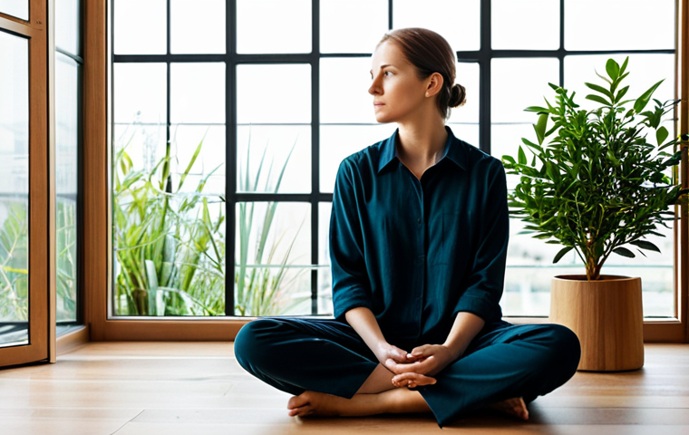 A professional woman, fully clothed in a modest, smart-casual outfit, seated in a natural, meditative pose within a modern, minimalist office space. The environment blends clean lines with warm natural wood elements and abundant indoor plants, creating a serene atmosphere. Soft, natural light streams through large windows, hinting at a connection with the outdoors. This image embodies the integration of ancient wisdom with contemporary thought, promoting mental well-being and introspection. safe for work, appropriate content, fully clothed, professional, perfect anatomy, correct proportions, natural pose, well-formed hands, proper finger count, natural body proportions, high quality professional photography.