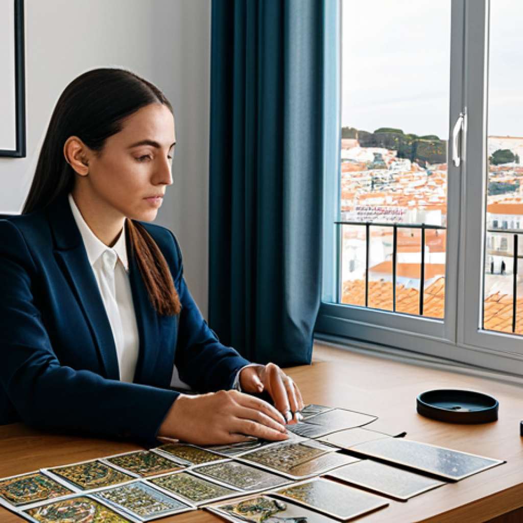 Intuition & Modern Life**

A modern woman in professional attire, fully clothed, sitting at a desk with tarot cards spread out. The background shows a sleek, minimalist office with a window overlooking Lisbon, Portugal. Soft, natural lighting. Safe for work, appropriate content, perfect anatomy, natural proportions, professional.

**