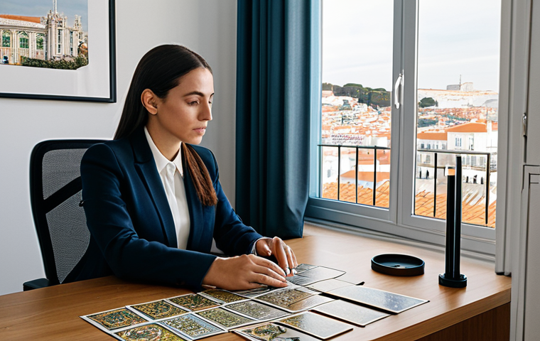 Intuition & Modern Life**

A modern woman in professional attire, fully clothed, sitting at a desk with tarot cards spread out. The background shows a sleek, minimalist office with a window overlooking Lisbon, Portugal. Soft, natural lighting. Safe for work, appropriate content, perfect anatomy, natural proportions, professional.

**