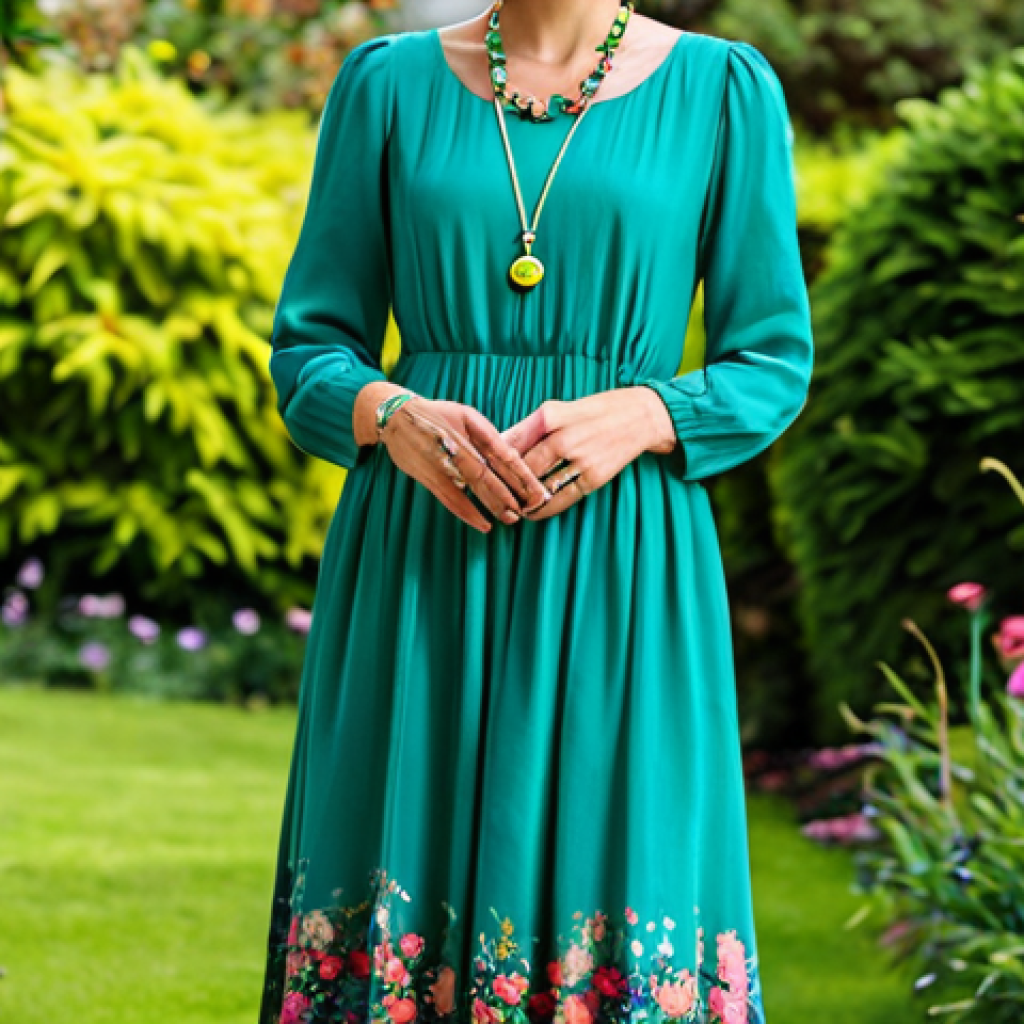 무속 신앙과 패션 트렌드 - **Subject:** A woman in a flowing, modest dress in vibrant colors, standing in a garden. **Details:*...