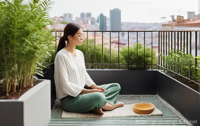 무속 신앙과 현대 사회 - **Urban Sanctuary of Serenity:** A tranquil scene on a sun-drenched apartment balcony overlooking a ...