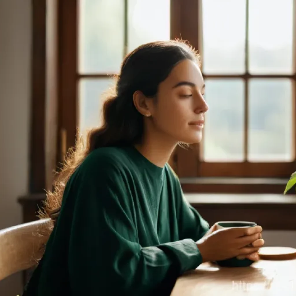 무속 신당 방문 후기 - **Prompt:** A serene, naturally lit room with soft, warm tones. A woman in her late 20s, wearing a l...