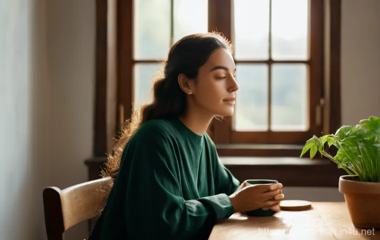 무속 신당 방문 후기 - **Prompt:** A serene, naturally lit room with soft, warm tones. A woman in her late 20s, wearing a l...