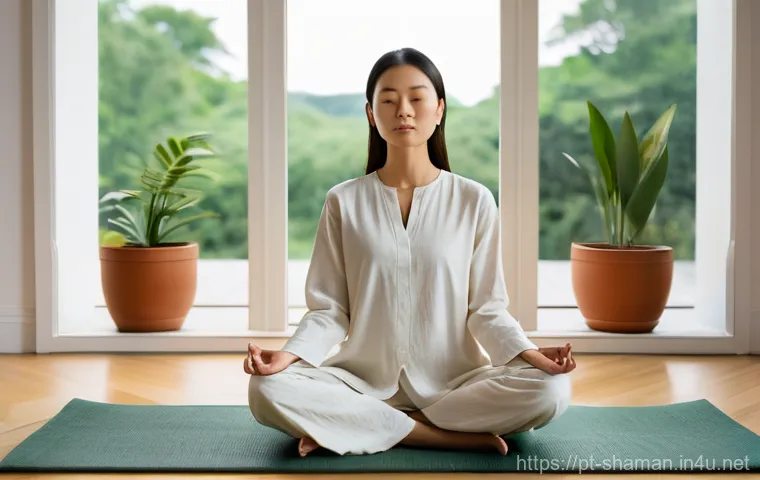 무속 신당 방문 후기 - **Prompt:** A person in their mid-30s, gender-neutral, stands on a quiet beach during a gentle sunri...