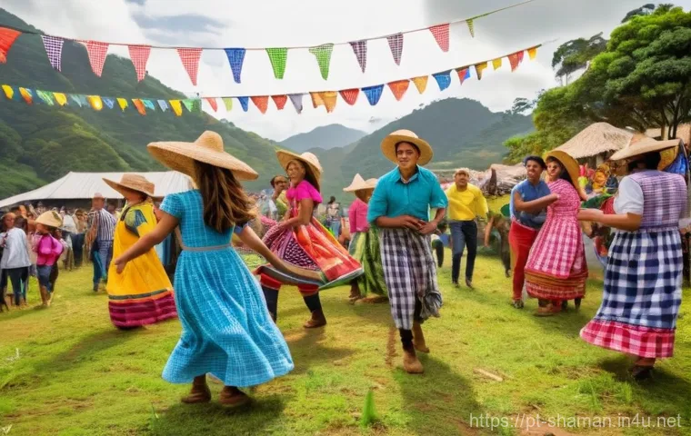 무속 굿 절차 - A vibrant outdoor scene depicting a traditional Brazilian Festa Junina celebration. A diverse group ...