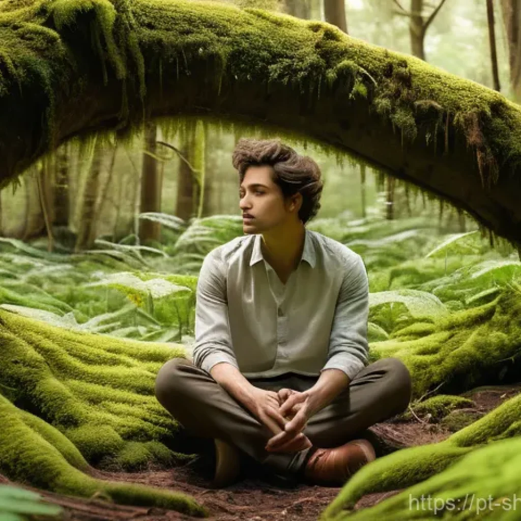 무속과 자연 보호 활동 - **Prompt:** A serene, wide-angle shot of a young adult (wearing a light, breathable linen shirt and ...