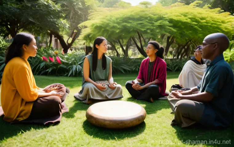무속의 국제적인 사례 - **Urban Shamanic Drum Circle:** A diverse group of adults, dressed in stylish yet modest contemporar...