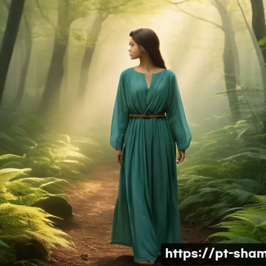 무속 컨설팅 서비스 - **Prompt: "A serene and contemplative woman, in her early 30s, stands at a symbolic crossroads in a ...