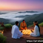 무속 점사에서 나타나는 미래 예측 - A serene Brazilian spiritual ritual scene set outdoors at dusk, featuring a diverse group of people ...