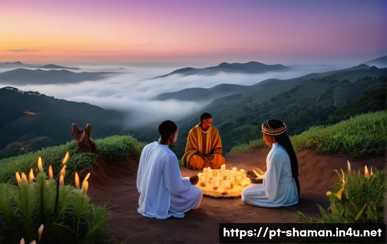 무속 점사에서 나타나는 미래 예측 - A serene Brazilian spiritual ritual scene set outdoors at dusk, featuring a diverse group of people ...