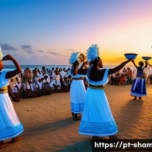 무속과 문화유산 - A vibrant Brazilian coastal festival scene celebrating Iemanjá, with participants dressed in traditi...