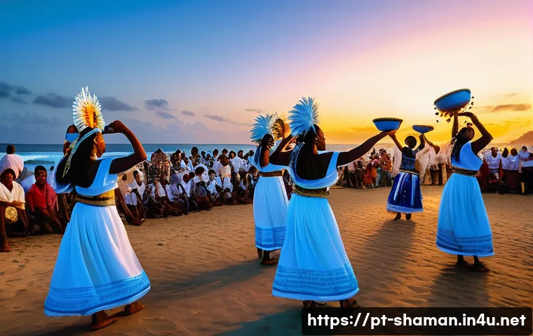 무속과 문화유산 - A vibrant Brazilian coastal festival scene celebrating Iemanjá, with participants dressed in traditi...
