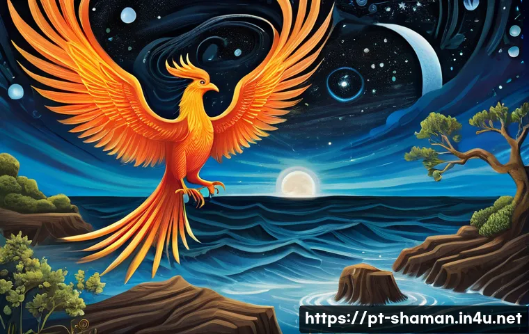 무속에서 사용하는 사주풀이법 - A vibrant and mystical celestial scene illustrating the four fundamental astrological elements—fire,...