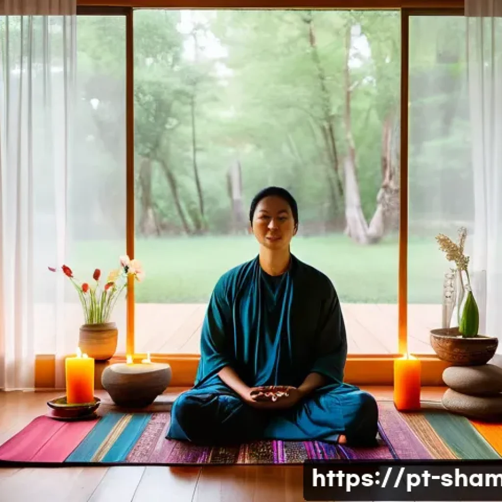 굿 의식 참여 시 주의사항 - A serene indoor sacred space arranged for a spiritual ritual, featuring soft natural lighting filter...