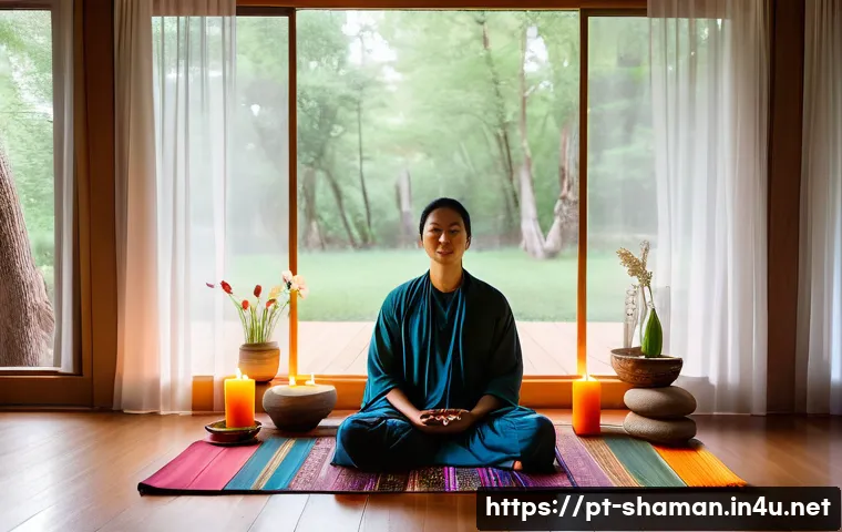 굿 의식 참여 시 주의사항 - A serene indoor sacred space arranged for a spiritual ritual, featuring soft natural lighting filter...