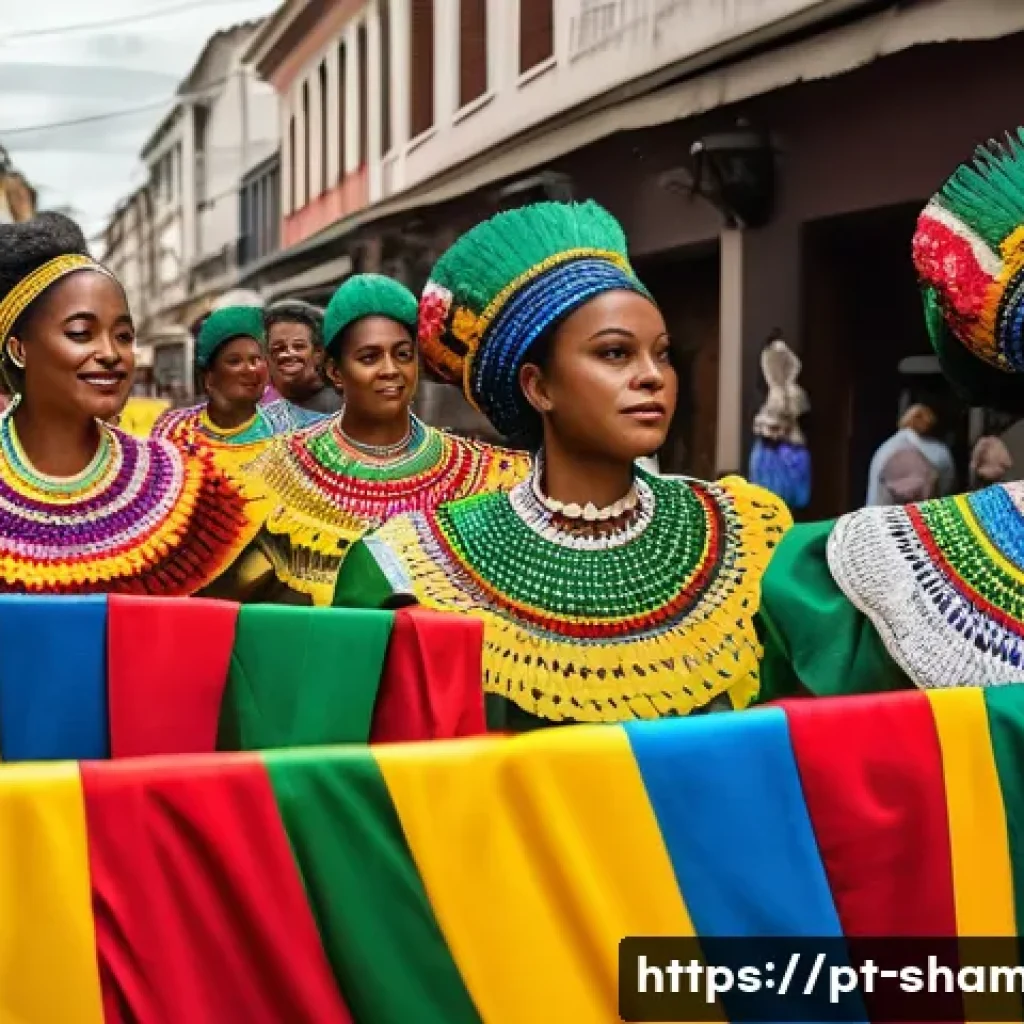 무속의 세계화 사례 - A vibrant and dynamic street scene during a Brazilian Candombl&eacute; festival, featuring practitioners dr...