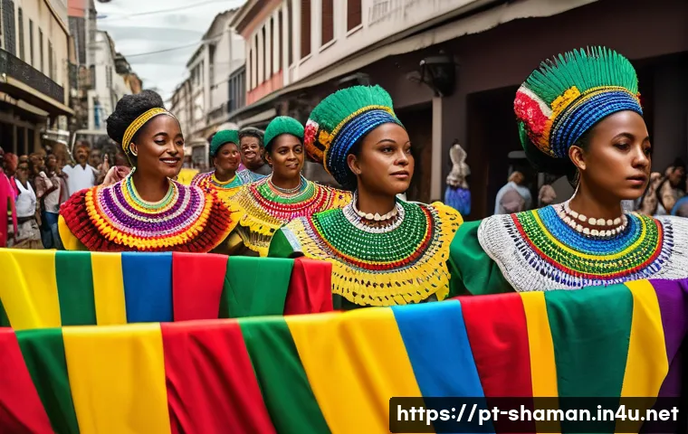 무속의 세계화 사례 - A vibrant and dynamic street scene during a Brazilian Candomblé festival, featuring practitioners dr...