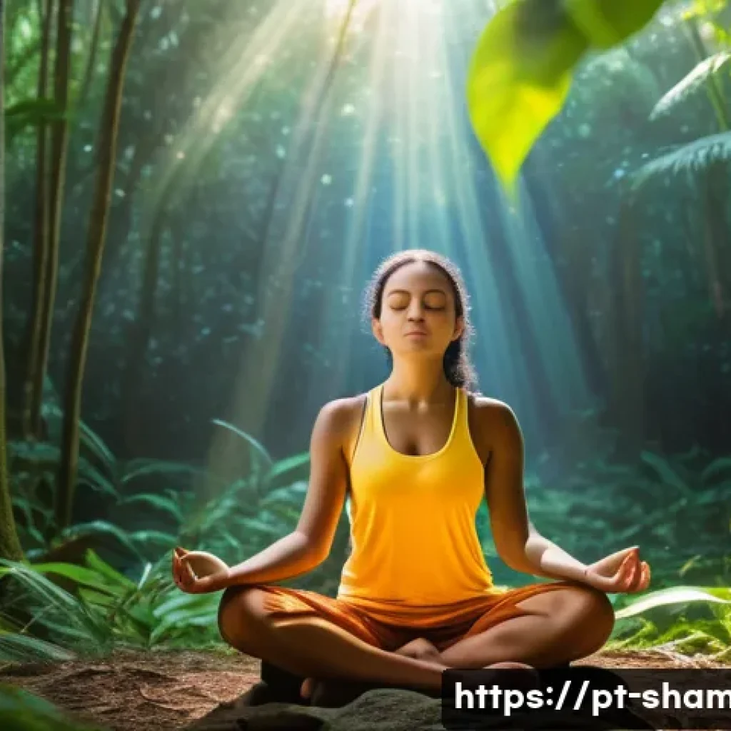 무속 신 내림 증상 - A serene scene of a young adult meditating outdoors at sunrise in a lush Brazilian forest, surrounde...