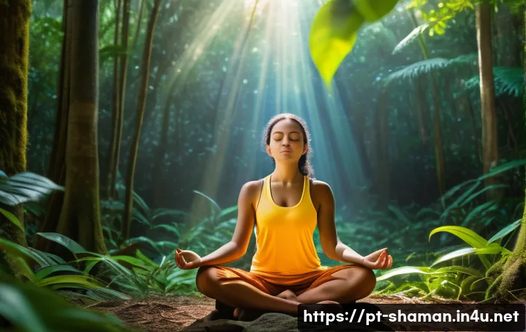 무속 신 내림 증상 - A serene scene of a young adult meditating outdoors at sunrise in a lush Brazilian forest, surrounde...