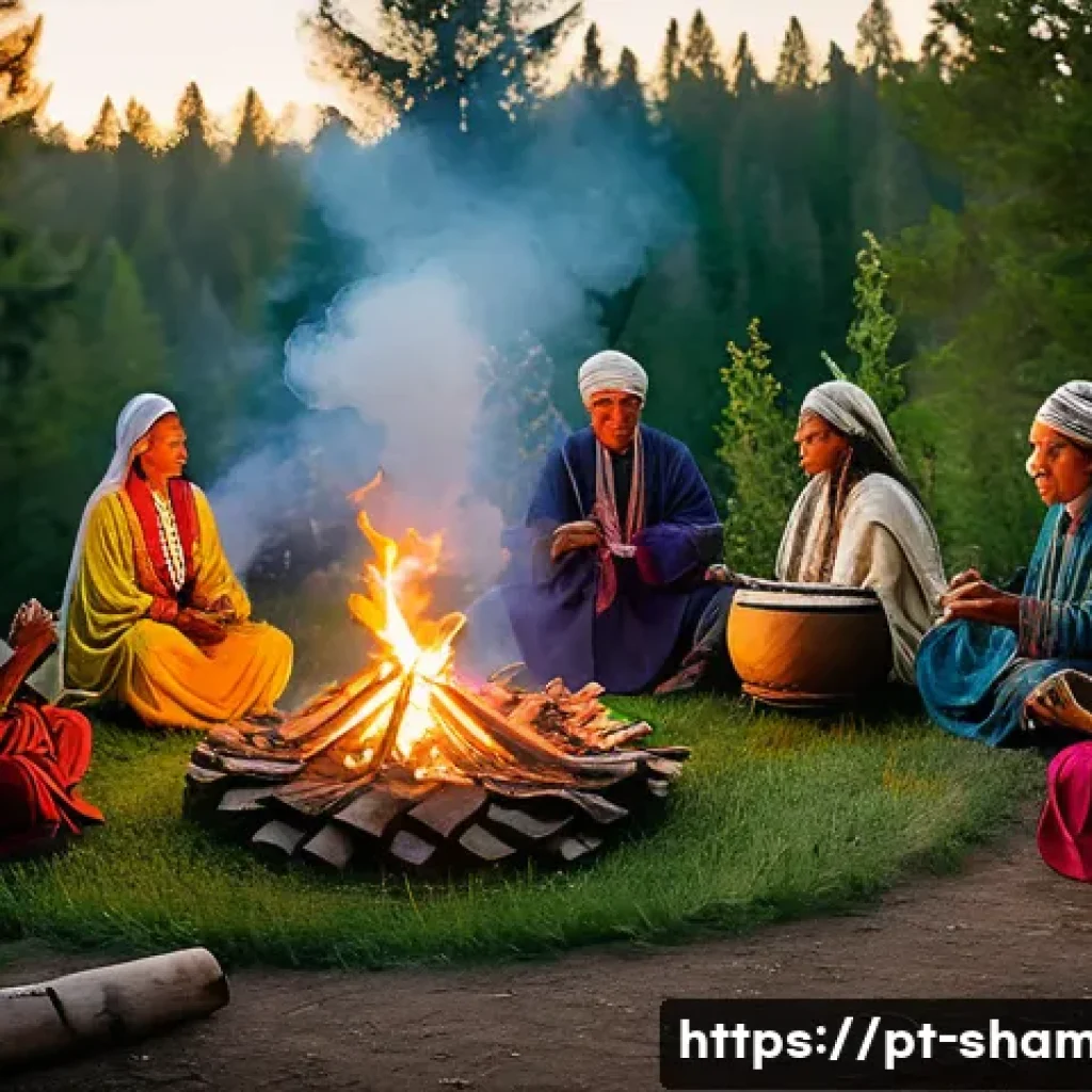 무속 관련 체험 프로그램 - A serene outdoor ancestral ritual ceremony at dusk in a lush forest clearing, featuring a diverse gr...
