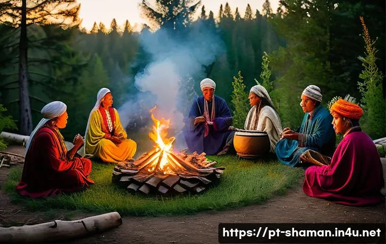 무속 관련 체험 프로그램 - A serene outdoor ancestral ritual ceremony at dusk in a lush forest clearing, featuring a diverse gr...