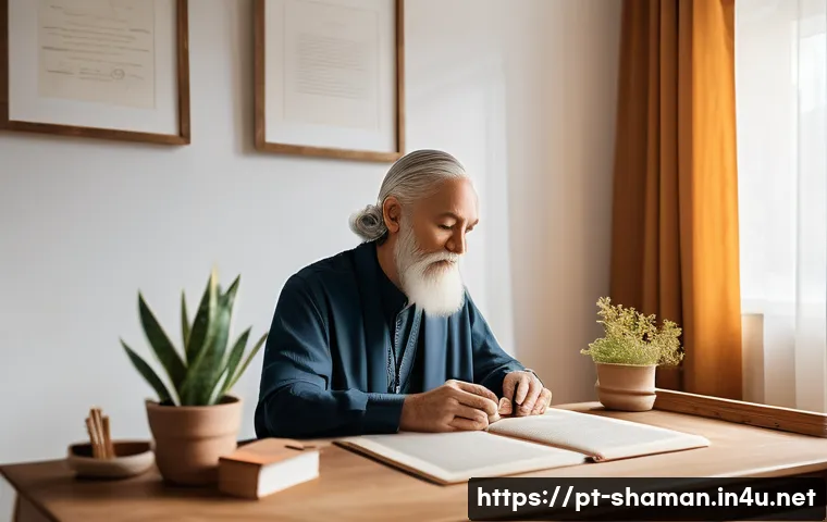 유명 무속인 찾는 방법 - A serene and professional spiritual consultation scene inside a bright, clean room with natural ligh...