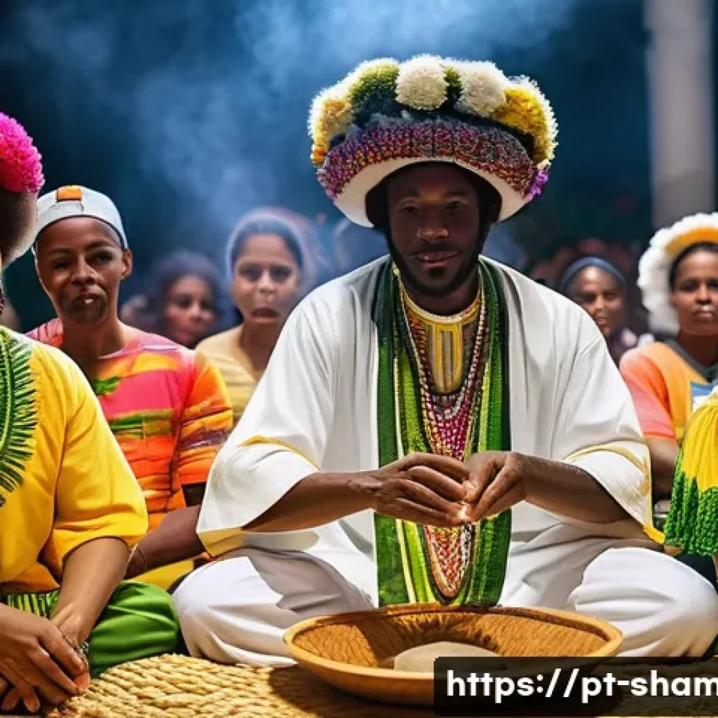 무속 관련 논문 정보 - A vibrant urban Afro-Brazilian religious ceremony scene featuring practitioners dressed in colorful ...