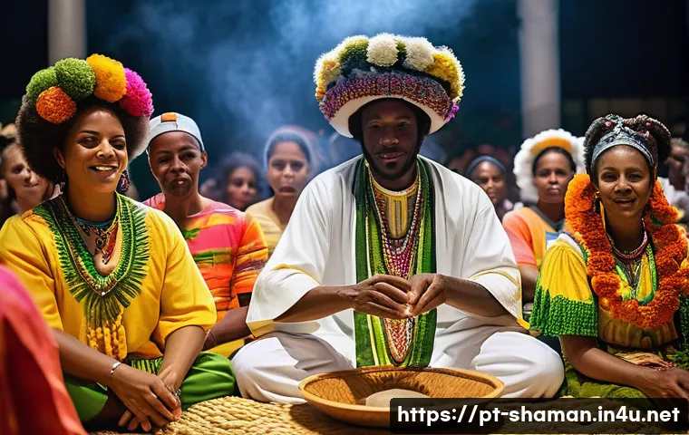무속 관련 논문 정보 - A vibrant urban Afro-Brazilian religious ceremony scene featuring practitioners dressed in colorful ...