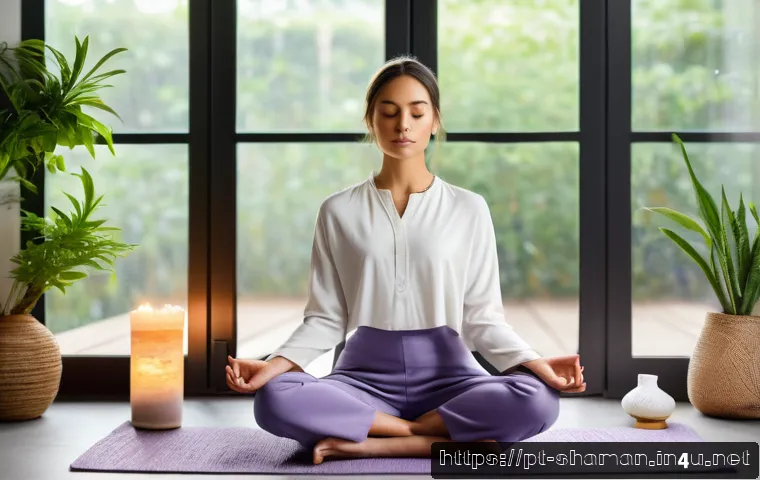 무속 관련 인스타그램 계정 - A serene modern meditation space blending ancient spiritual elements with contemporary design, featu...