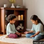 Home 21 무속 신당에서 아이와 함께 기도 - A warm, inviting family prayer corner in a cozy home setting, featuring a small altar with colorful ...