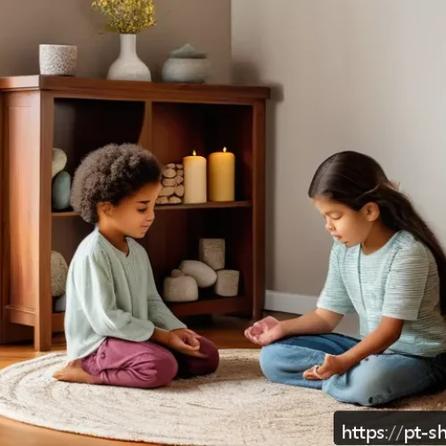 Home 33 무속 신당에서 아이와 함께 기도 - A warm, inviting family prayer corner in a cozy home setting, featuring a small altar with colorful ...