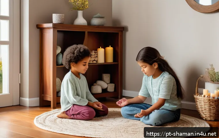 무속 신당에서 아이와 함께 기도 - A warm, inviting family prayer corner in a cozy home setting, featuring a small altar with colorful ...