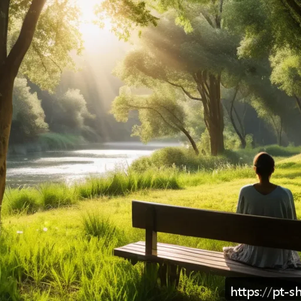 무속에서 재앙을 피하는 법 - A serene natural park scene during early morning light, featuring a person sitting peacefully on a w...