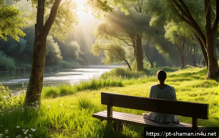 무속에서 재앙을 피하는 법 - A serene natural park scene during early morning light, featuring a person sitting peacefully on a w...