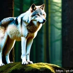 Home 19 무속 의식과 동물 숭배 - A serene forest scene at twilight featuring a majestic wolf standing on a rocky outcrop, symbolizing...