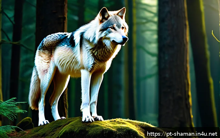 무속 의식과 동물 숭배 - A serene forest scene at twilight featuring a majestic wolf standing on a rocky outcrop, symbolizing...
