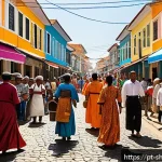 Home 18 무속 관련 지역 경제 영향 - A vibrant street scene in Juazeiro do Norte during a religious festival, showcasing a diverse crowd ...