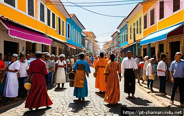 무속 관련 지역 경제 영향 - A vibrant street scene in Juazeiro do Norte during a religious festival, showcasing a diverse crowd ...