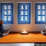 Home 23 무속 관련 사업 아이템 - A serene and modern spiritual workshop scene set in Portugal, featuring a diverse group of adults en...
