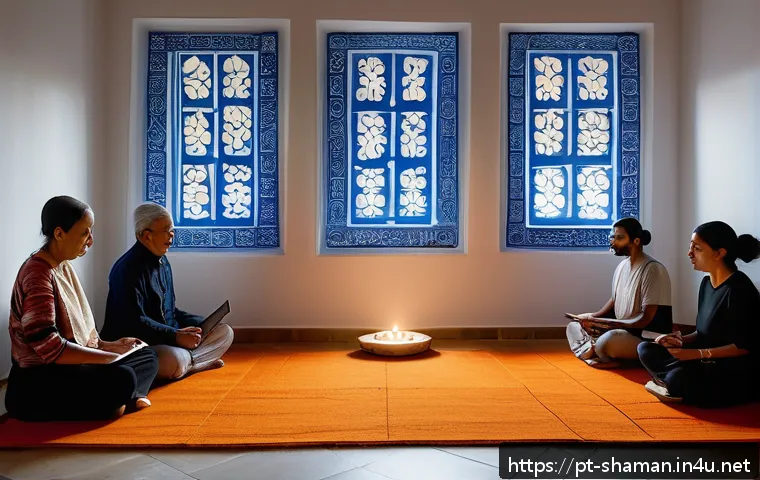 무속 관련 사업 아이템 - A serene and modern spiritual workshop scene set in Portugal, featuring a diverse group of adults en...