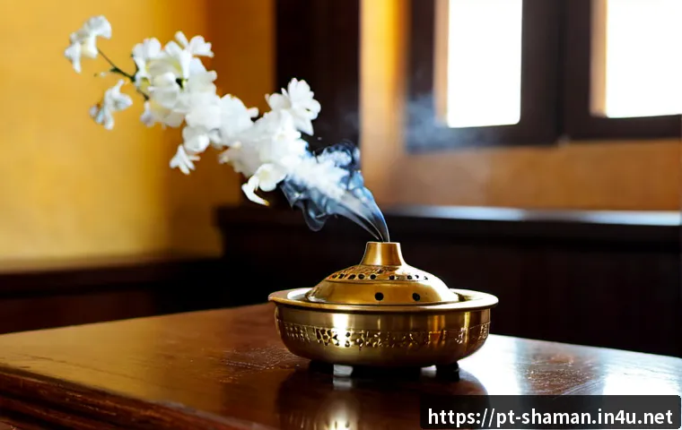 Home 17 무속 신당에서 사용하는 향 - Photorealistic close-up of a small brass incense burner on a polished wooden altar in a traditional ...